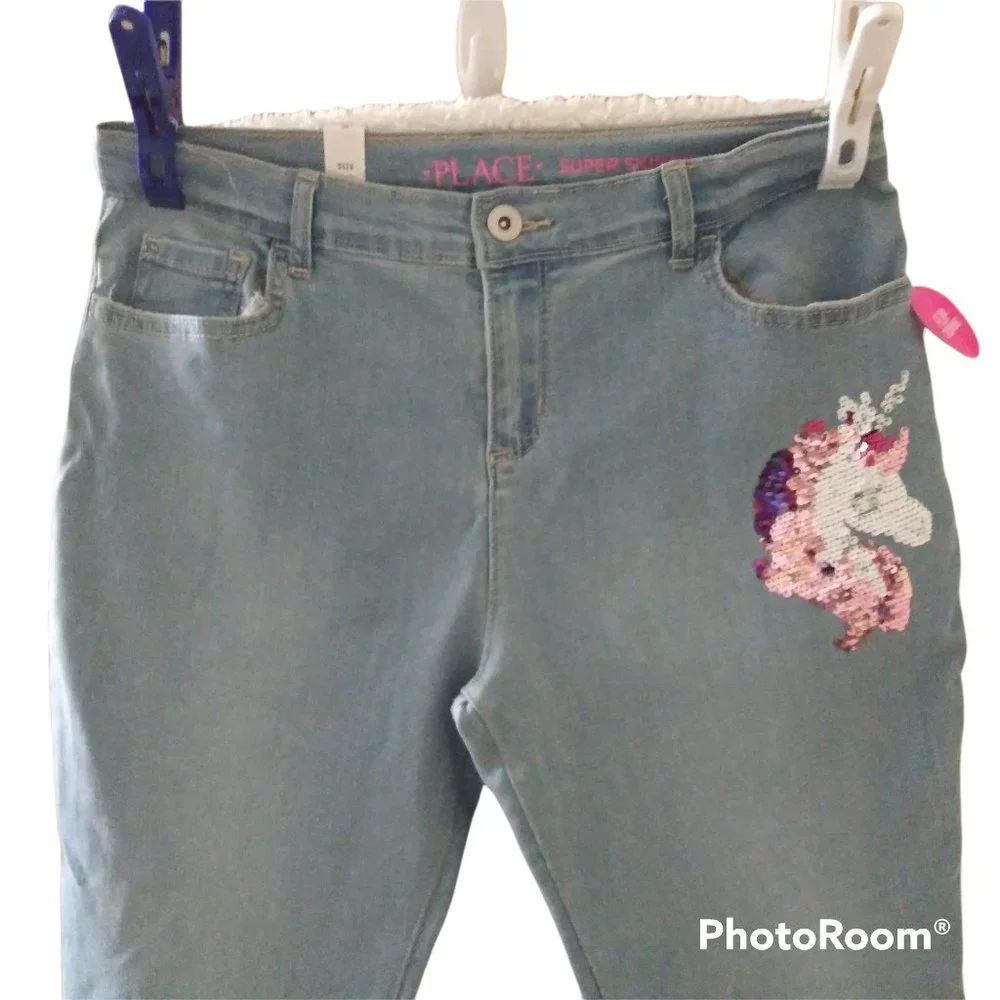 NWT! The Children's Place Super Skinny Sequin Glitter Unicorn Jeans Size…